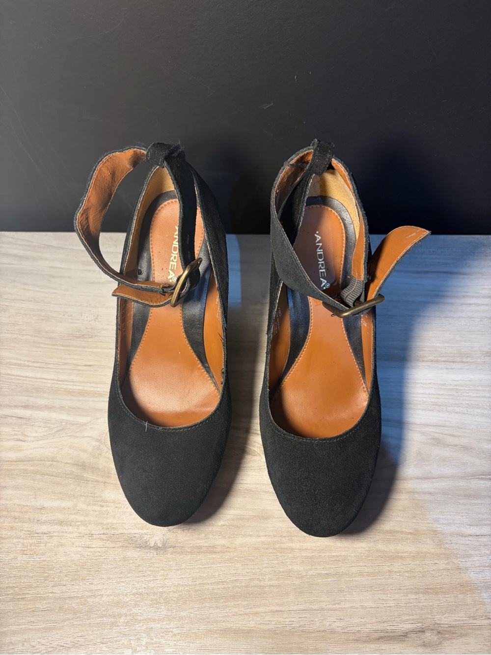 ANDREA FENZI Black Suede Ankle-Strap Pumps with Buckle